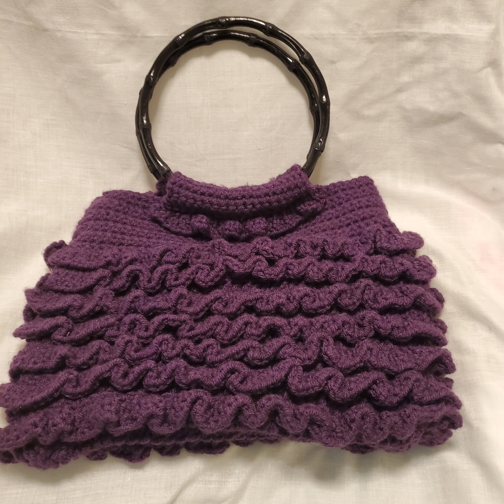 Beautiful Handmade Purple Ruffled Crocheted Handbag Purse Red Lining Grannycore